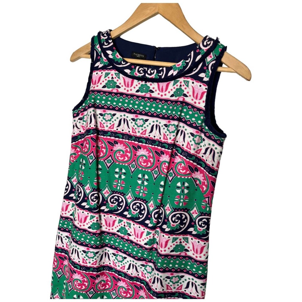 Talbots Womens Shift Dress Size 2P Sleeveless Multicolor Geometric Fringe Knee - Picture 4 of 12